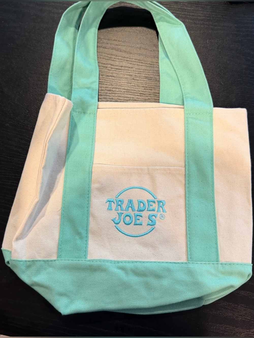 Trader Joe’s Mini Canvas Tote Pastel Light Green with Blue Writing